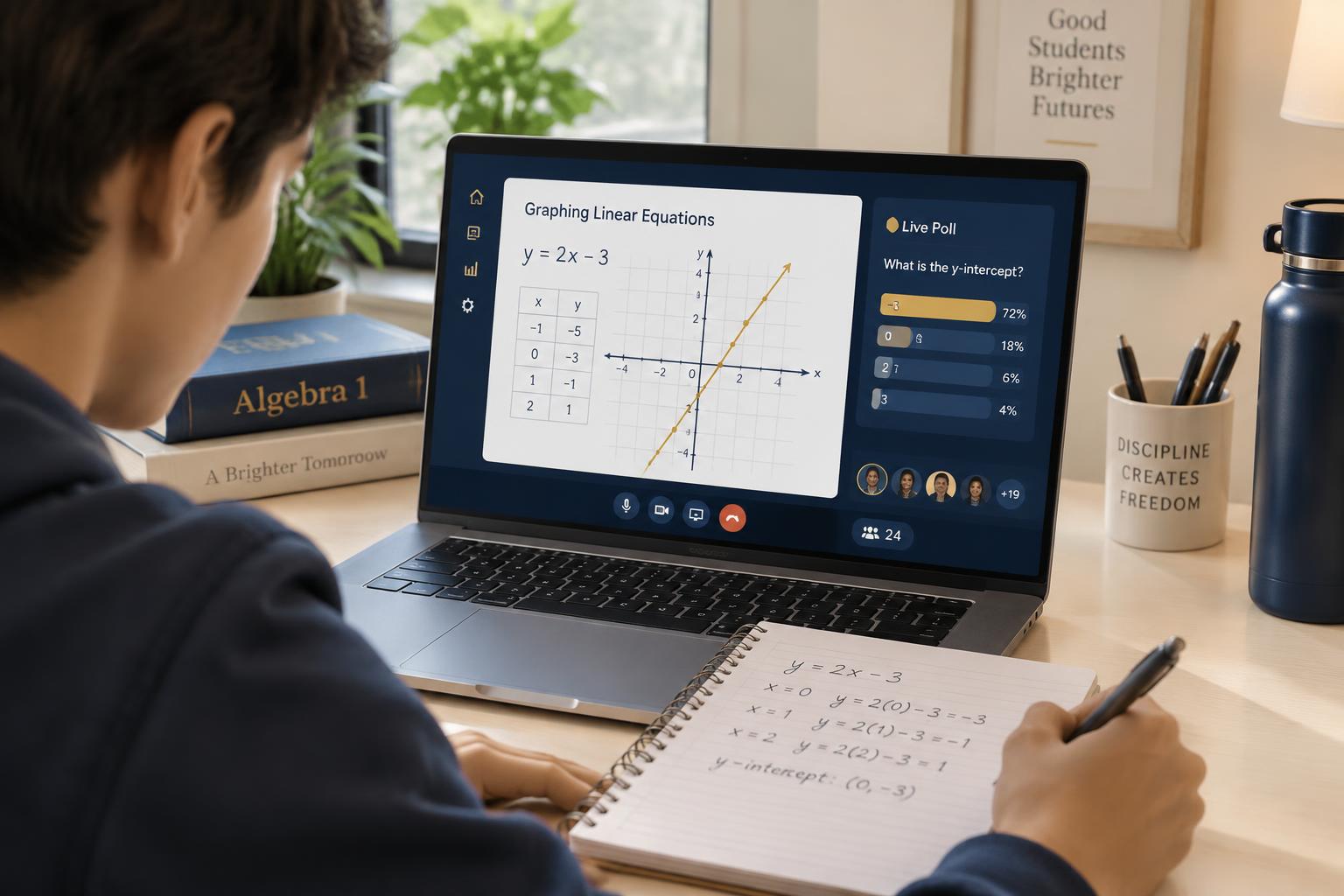 Representative student participating in an online Algebra 1 lesson with a digital whiteboard and live poll